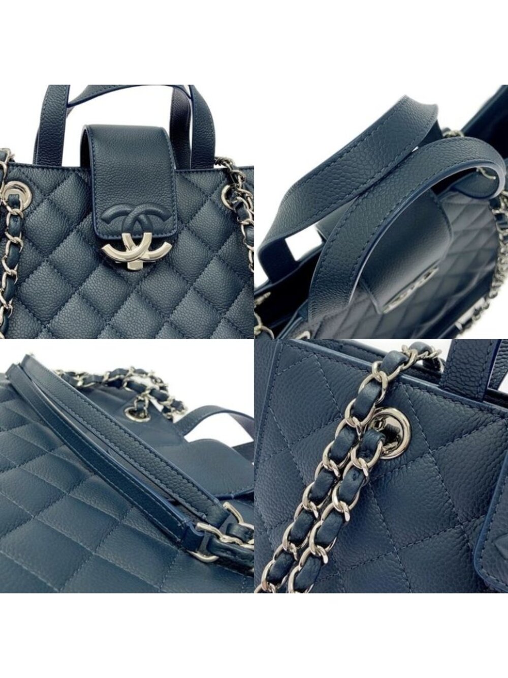 Chanel Quilted Caviar Leather Small Shopping Bag Navy Shoulder - Picture 7 of 11